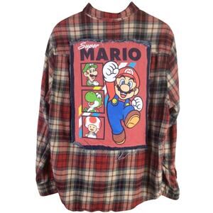 Reworked Super Mario FLANNEL distressed DENIM shirt patch Red 2XL